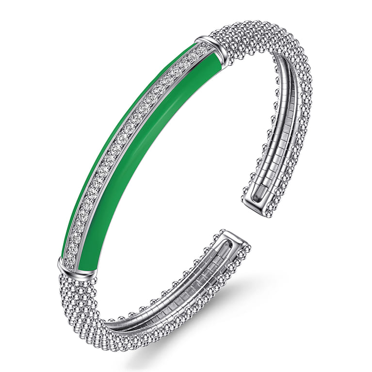 Enamel - 925 Sterling Silver Bujukan White Sapphire Bar Split Bangle with Emerald Green Enamel - Shot 2