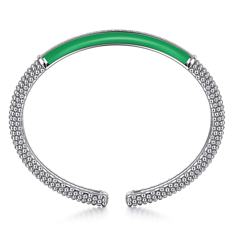 Enamel - 925 Sterling Silver Bujukan White Sapphire Bar Split Bangle with Emerald Green Enamel - Shot 3