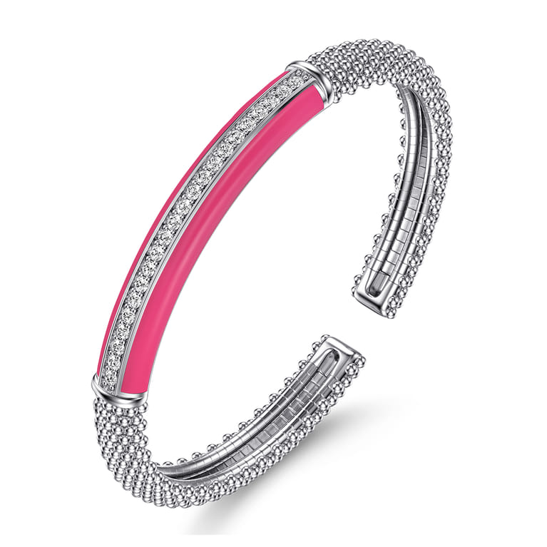 Enamel - 925 Sterling Silver Bujukan White Sapphire Bar Split Bangle with Fuchsia Enamel - Shot 2