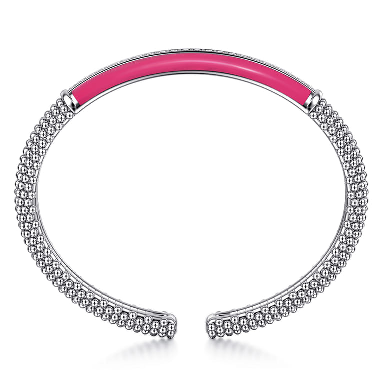 Enamel - 925 Sterling Silver Bujukan White Sapphire Bar Split Bangle with Fuchsia Enamel - Shot 3