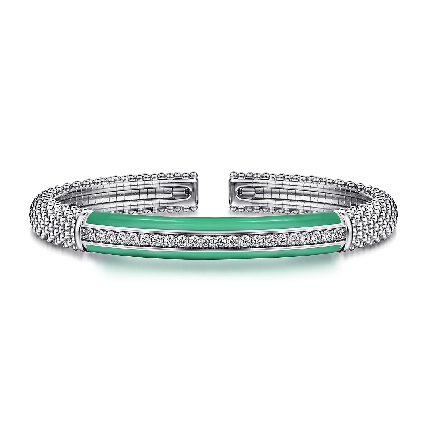 Enamel - 925 Sterling Silver Bujukan White Sapphire Bar Split Bangle with Mint Green Enamel - Shot 1