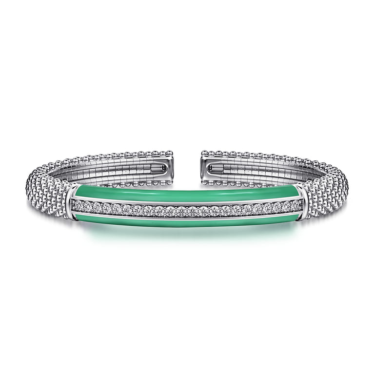 Enamel - 925 Sterling Silver Bujukan White Sapphire Bar Split Bangle with Mint Green Enamel - Shot 1