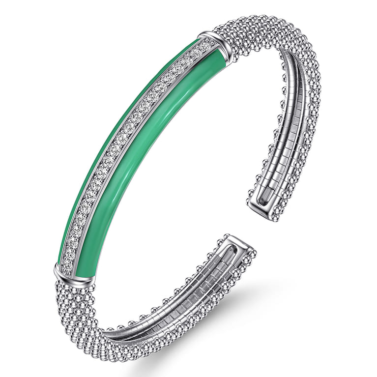 Enamel - 925 Sterling Silver Bujukan White Sapphire Bar Split Bangle with Mint Green Enamel - Shot 2