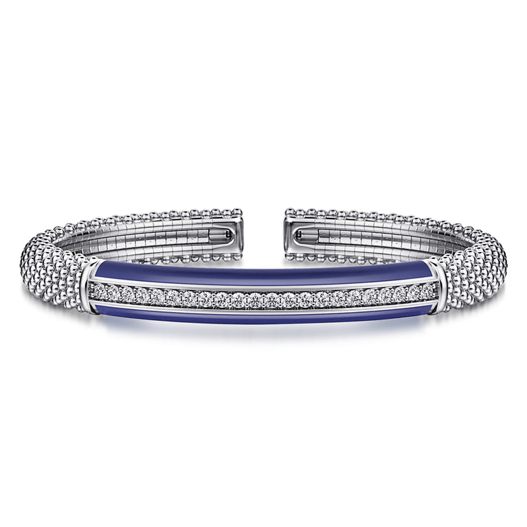 Enamel - 925 Sterling Silver Bujukan White Sapphire Bar Split Bangle with Navy Blue Enamel - Shot 1