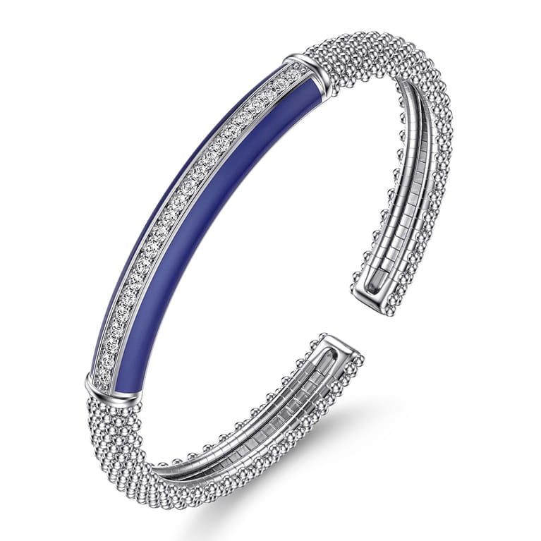 Enamel - 925 Sterling Silver Bujukan White Sapphire Bar Split Bangle with Navy Blue Enamel - Shot 2