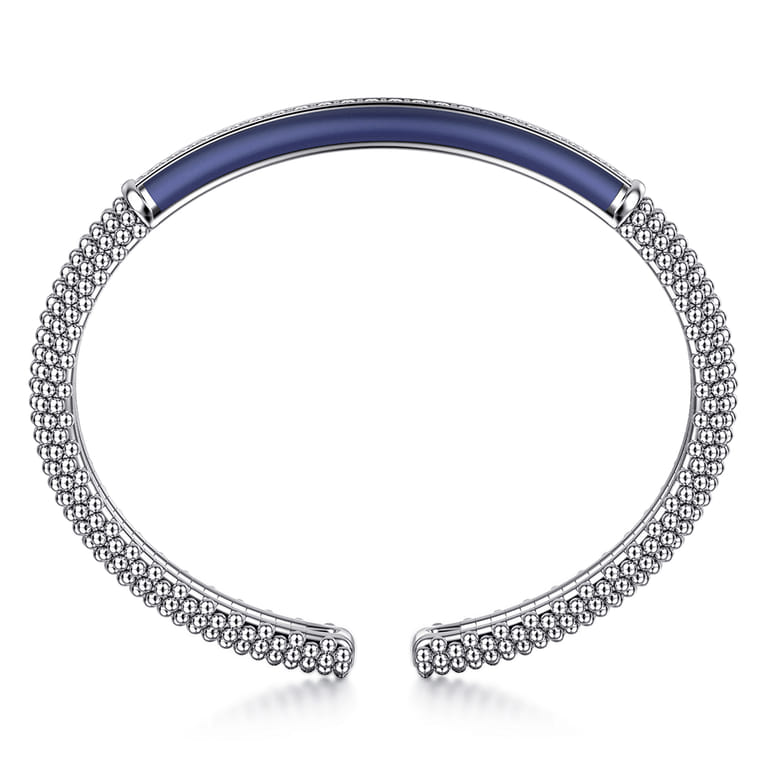 Enamel - 925 Sterling Silver Bujukan White Sapphire Bar Split Bangle with Navy Blue Enamel - Shot 3
