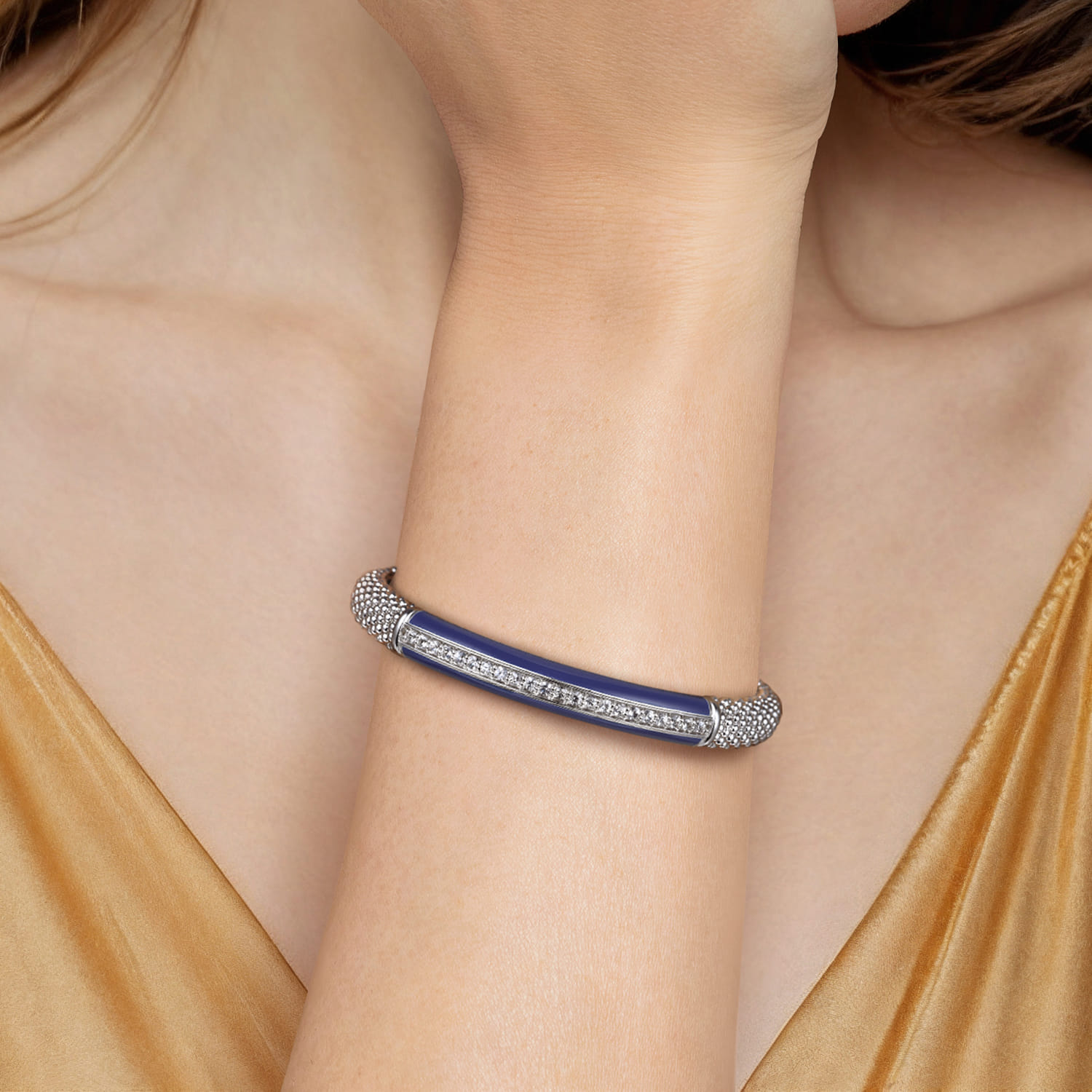 Enamel - 925 Sterling Silver Bujukan White Sapphire Bar Split Bangle with Navy Blue Enamel - Shot 4