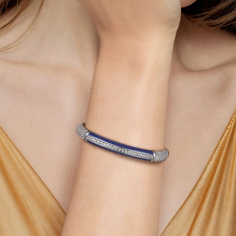Enamel - 925 Sterling Silver Bujukan White Sapphire Bar Split Bangle with Navy Blue Enamel - Shot 4