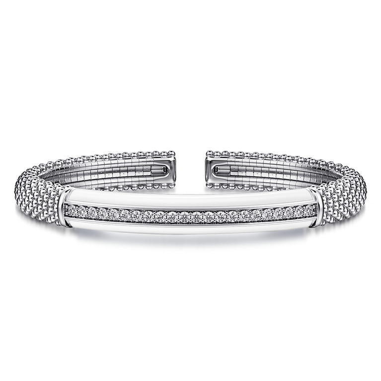 Enamel - 925 Sterling Silver Bujukan White Sapphire Bar Split Bangle with White Enamel - Shot 1