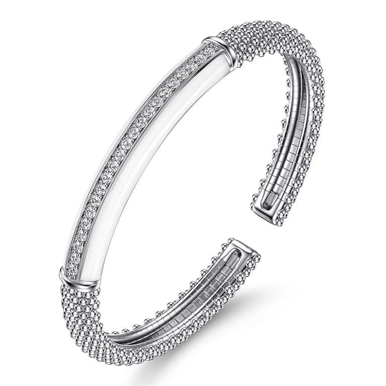 Enamel - 925 Sterling Silver Bujukan White Sapphire Bar Split Bangle with White Enamel - Shot 2