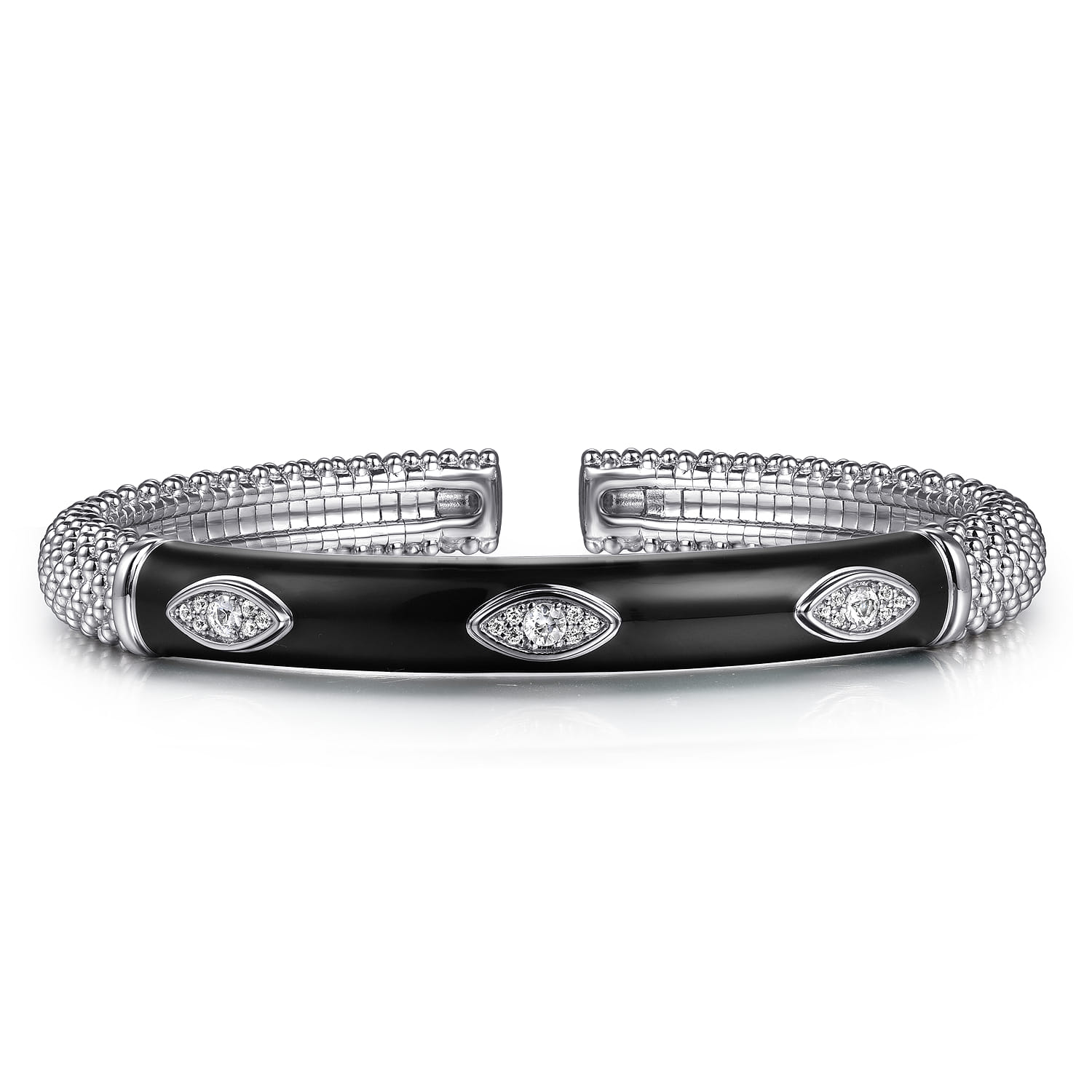 Enamel - 925 Sterling Silver Bujukan White Sapphire Split Bangle with Black Enamel - Shot 1