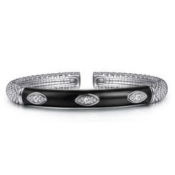 925 Sterling Silver Bujukan White Sapphire Split Bangle with Black Enamel