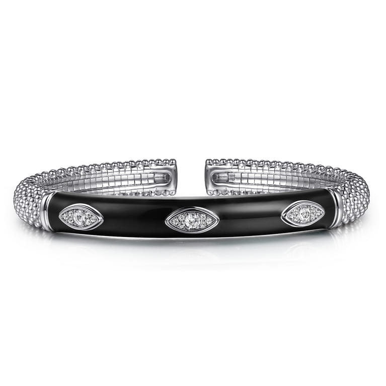Enamel - 925 Sterling Silver Bujukan White Sapphire Split Bangle with Black Enamel - Shot 1