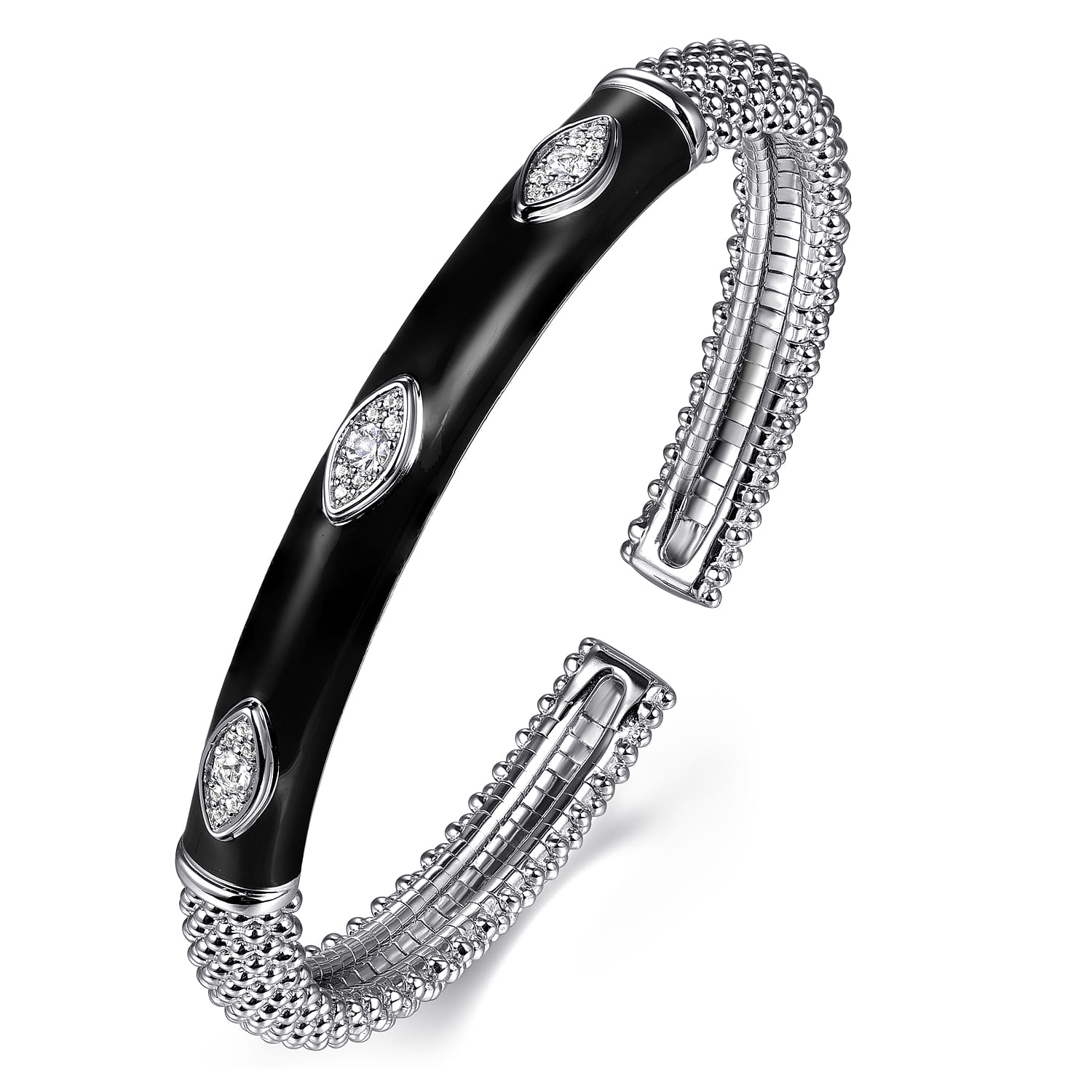 Enamel - 925 Sterling Silver Bujukan White Sapphire Split Bangle with Black Enamel - Shot 2