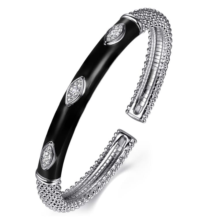 Enamel - 925 Sterling Silver Bujukan White Sapphire Split Bangle with Black Enamel - Shot 2