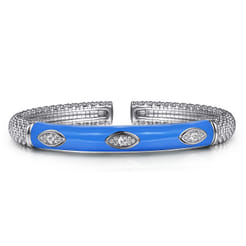 Enamel - 925 Sterling Silver Bujukan White Sapphire Split Bangle with Blue Enamel
