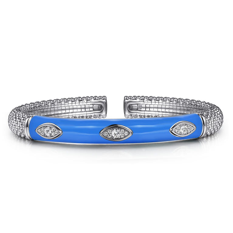 Enamel - 925 Sterling Silver Bujukan White Sapphire Split Bangle with Blue Enamel - Shot 1