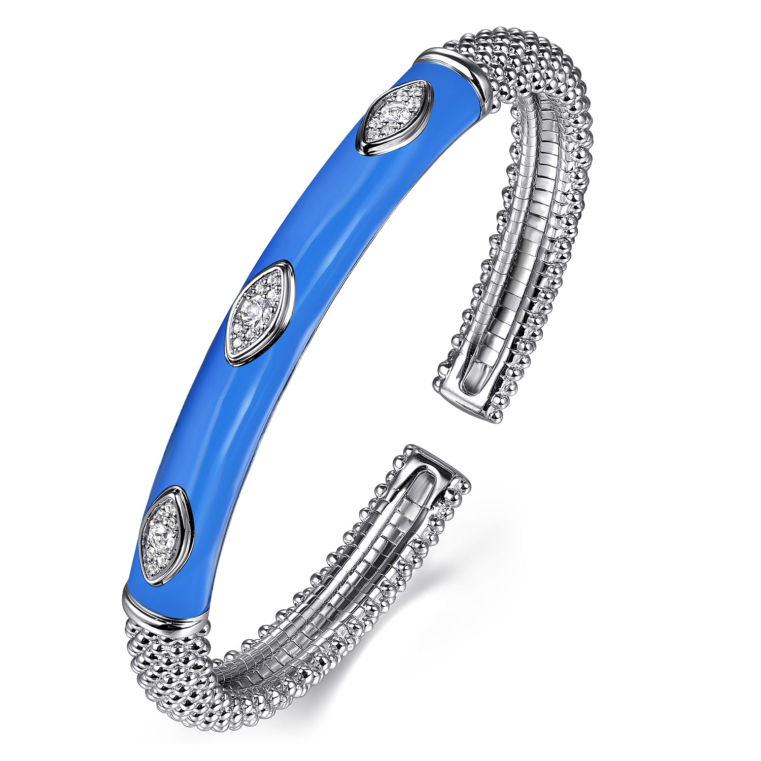 Enamel - 925 Sterling Silver Bujukan White Sapphire Split Bangle with Blue Enamel - Shot 2