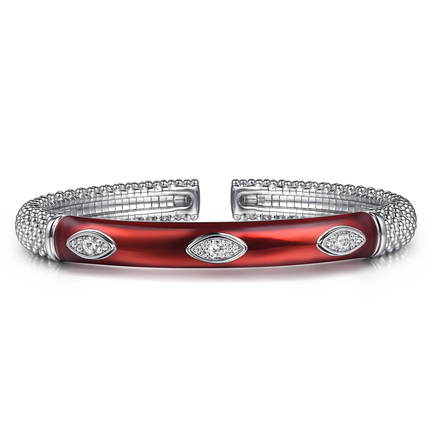 Enamel - 925 Sterling Silver Bujukan White Sapphire Split Bangle with Chrome Red Enamel - Shot 1