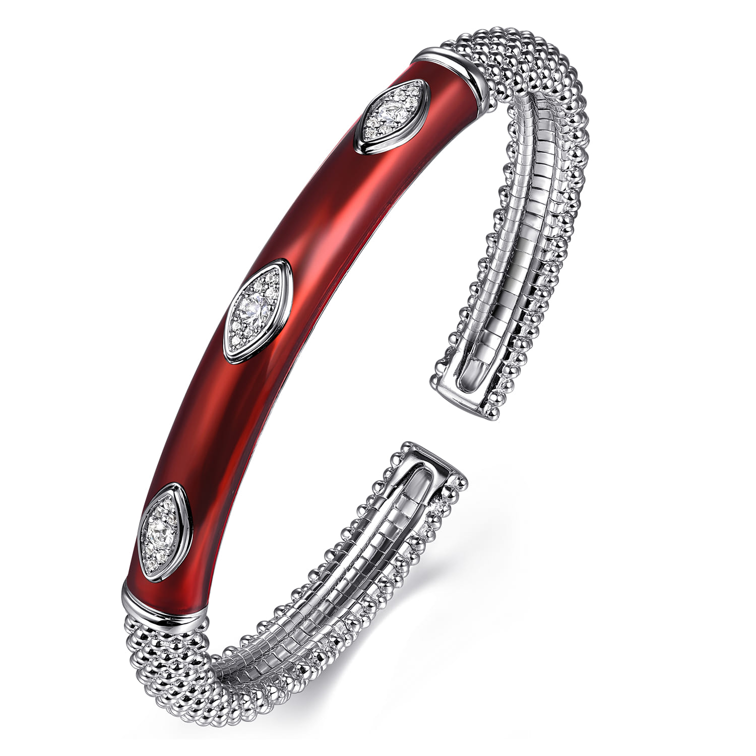 Enamel - 925 Sterling Silver Bujukan White Sapphire Split Bangle with Chrome Red Enamel - Shot 2