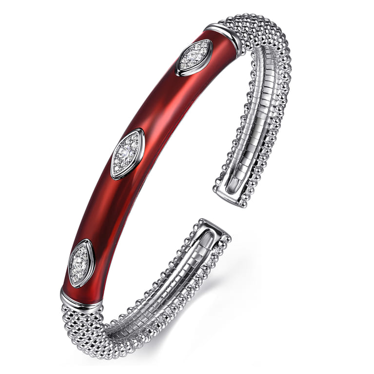 Enamel - 925 Sterling Silver Bujukan White Sapphire Split Bangle with Chrome Red Enamel - Shot 2