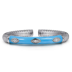 Enamel - 925 Sterling Silver Bujukan White Sapphire Split Bangle with Dusk Blue Enamel