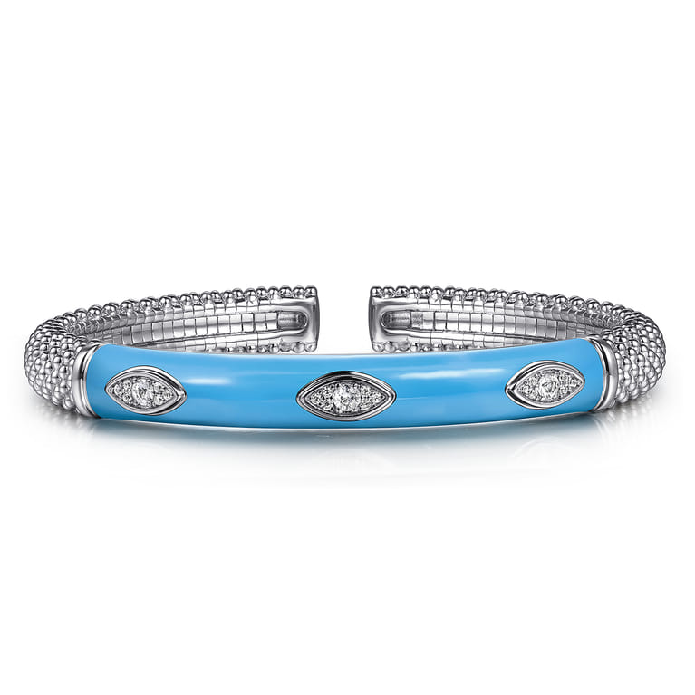 Enamel - 925 Sterling Silver Bujukan White Sapphire Split Bangle with Dusk Blue Enamel - Shot 1