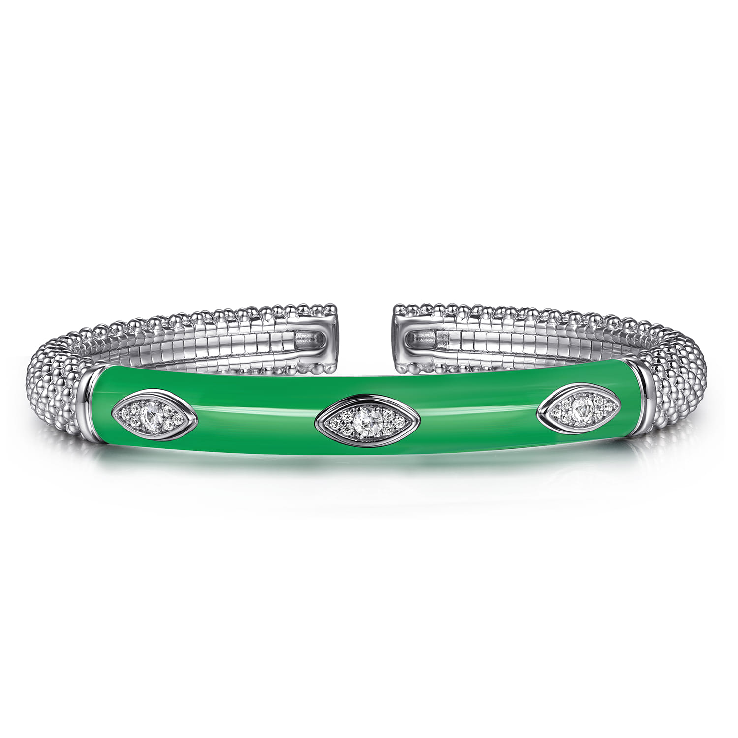 Enamel - 925 Sterling Silver Bujukan White Sapphire Split Bangle with Emerald Green Enamel - Shot 1