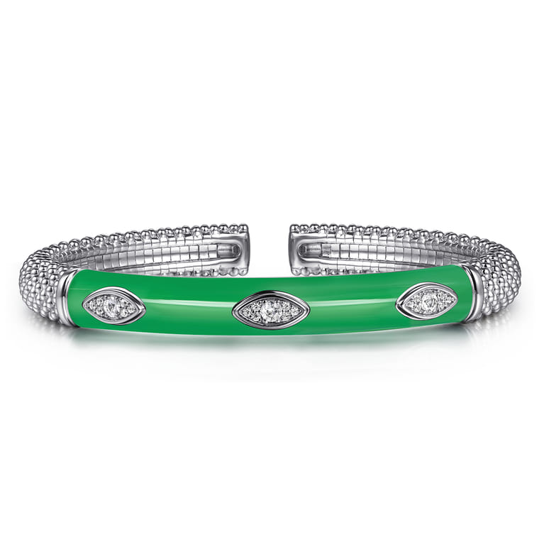 Enamel - 925 Sterling Silver Bujukan White Sapphire Split Bangle with Emerald Green Enamel - Shot 1