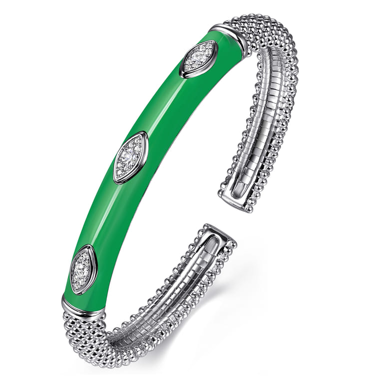 Enamel - 925 Sterling Silver Bujukan White Sapphire Split Bangle with Emerald Green Enamel - Shot 2