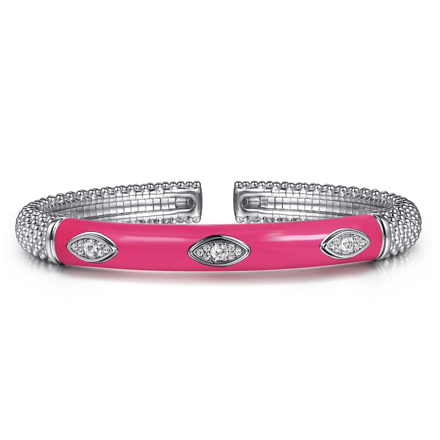 Enamel - 925 Sterling Silver Bujukan White Sapphire Split Bangle with Fuchsia Enamel - Shot 1