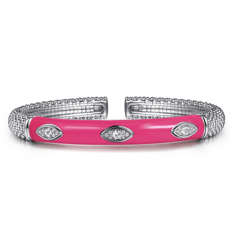 Enamel - 925 Sterling Silver Bujukan White Sapphire Split Bangle with Fuchsia Enamel - Shot 1