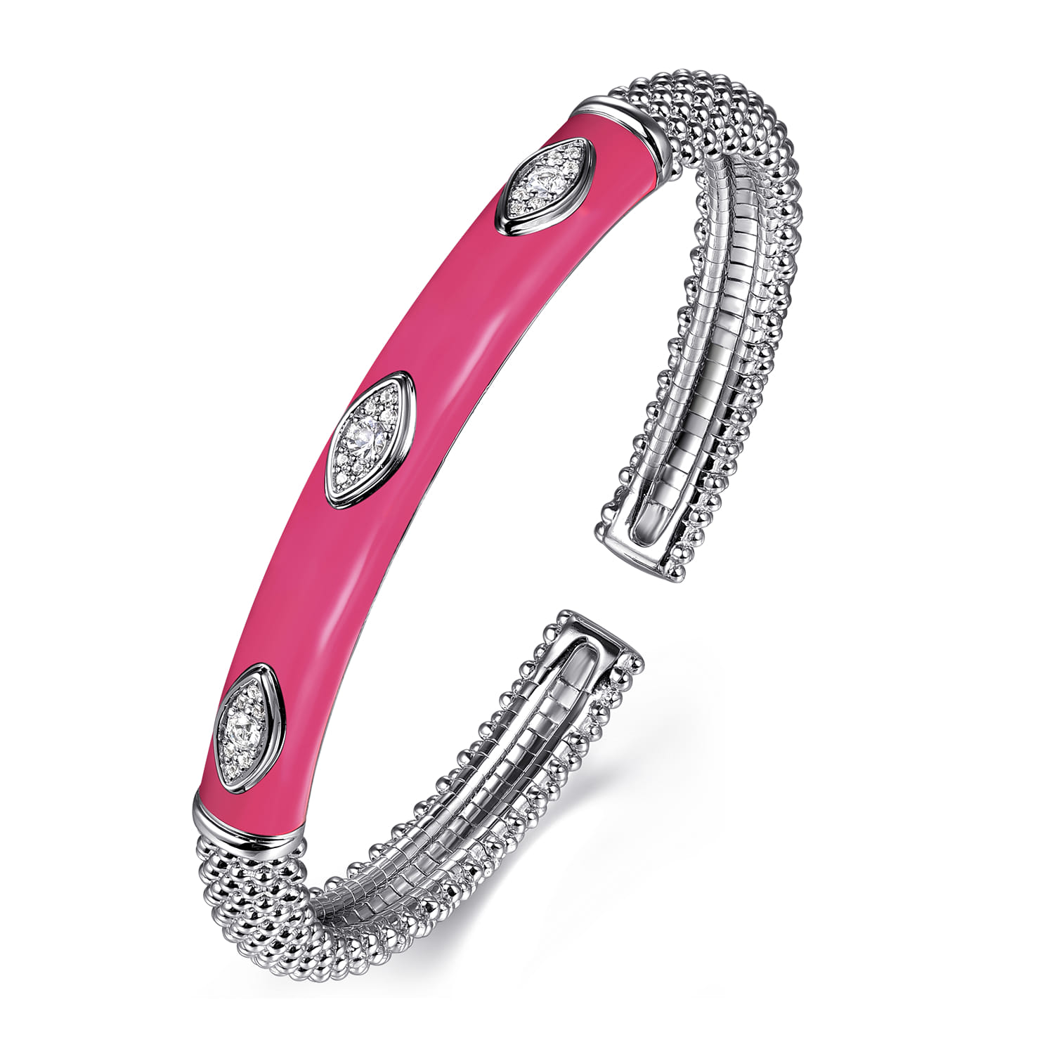 Enamel - 925 Sterling Silver Bujukan White Sapphire Split Bangle with Fuchsia Enamel - Shot 2