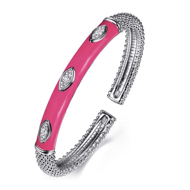 Enamel - 925 Sterling Silver Bujukan White Sapphire Split Bangle with Fuchsia Enamel - Shot 2