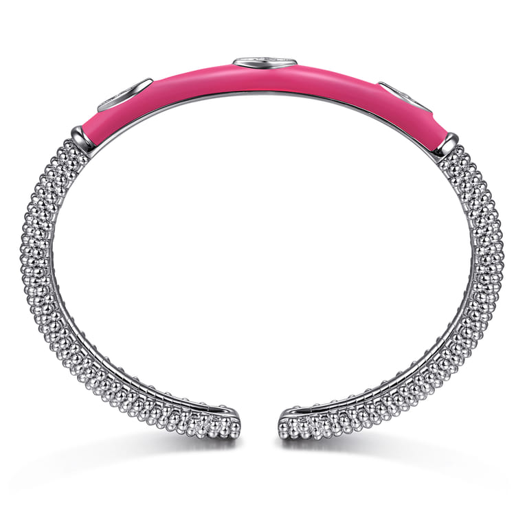 Enamel - 925 Sterling Silver Bujukan White Sapphire Split Bangle with Fuchsia Enamel - Shot 3