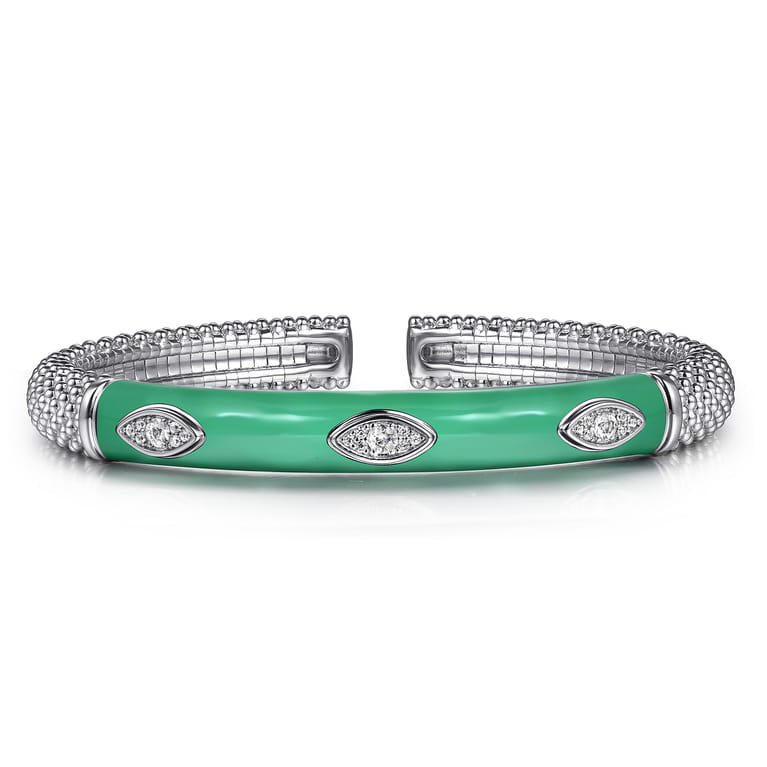 Enamel - 925 Sterling Silver Bujukan White Sapphire Split Bangle with Mint Green Enamel - Shot 1