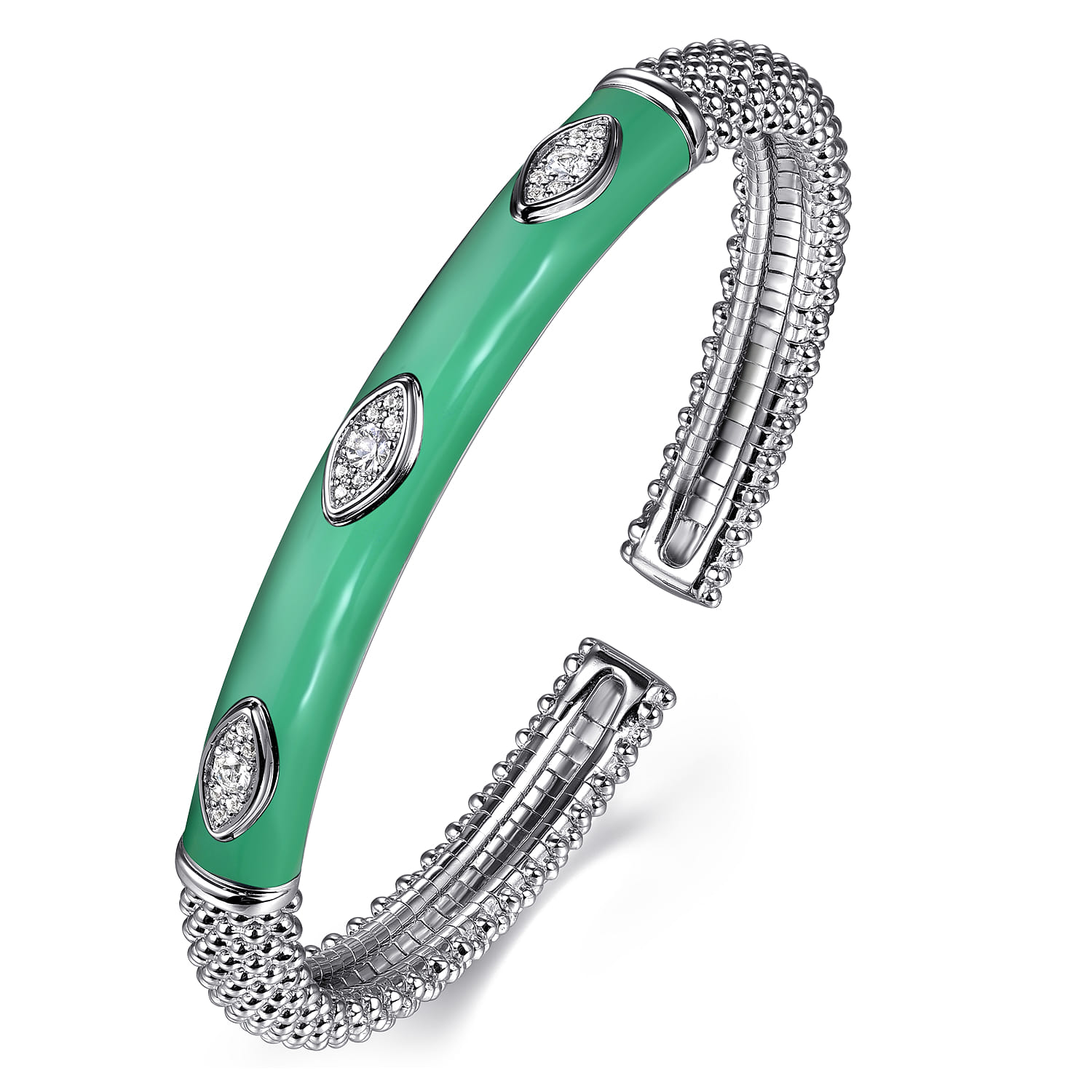 Enamel - 925 Sterling Silver Bujukan White Sapphire Split Bangle with Mint Green Enamel - Shot 2