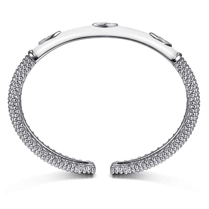 Enamel - 925 Sterling Silver Bujukan White Sapphire Split Bangle with White Enamel