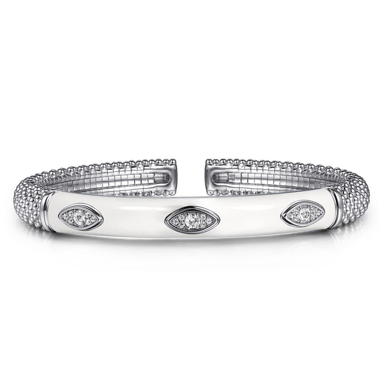 Enamel - 925 Sterling Silver Bujukan White Sapphire Split Bangle with White Enamel - Shot 1
