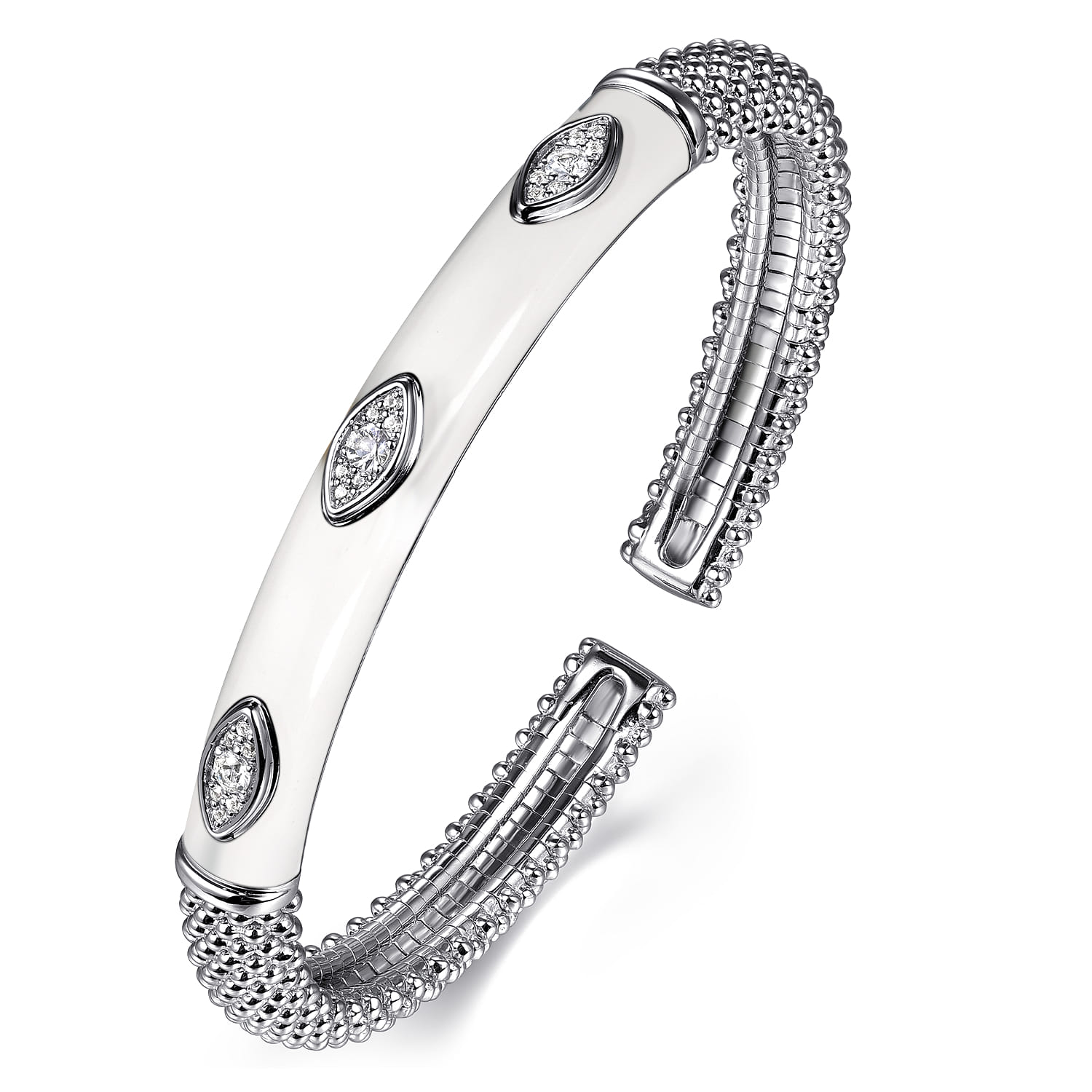 Enamel - 925 Sterling Silver Bujukan White Sapphire Split Bangle with White Enamel - Shot 2