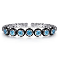 Enamel - 925 Sterling Silver Bujukan and Blue Topaz Open Bangle Bracelet with Black Enamel