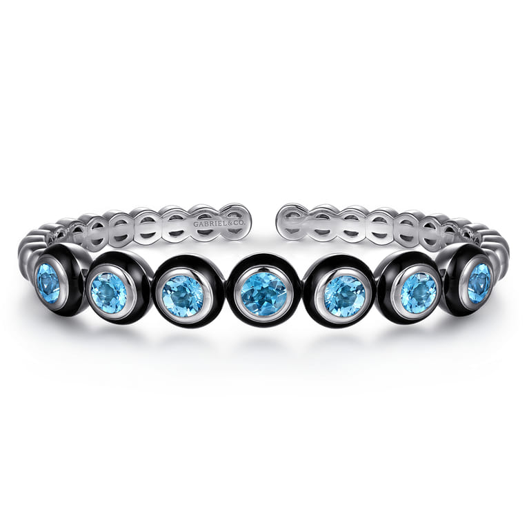 Enamel - 925 Sterling Silver Bujukan and Blue Topaz Open Bangle Bracelet with Black Enamel - Shot 1