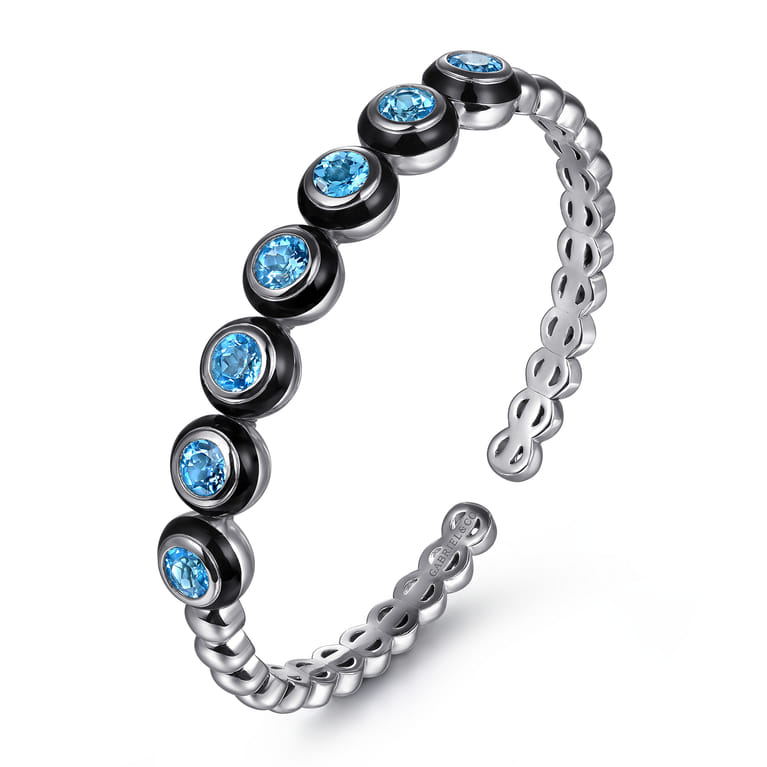 Enamel - 925 Sterling Silver Bujukan and Blue Topaz Open Bangle Bracelet with Black Enamel - Shot 2