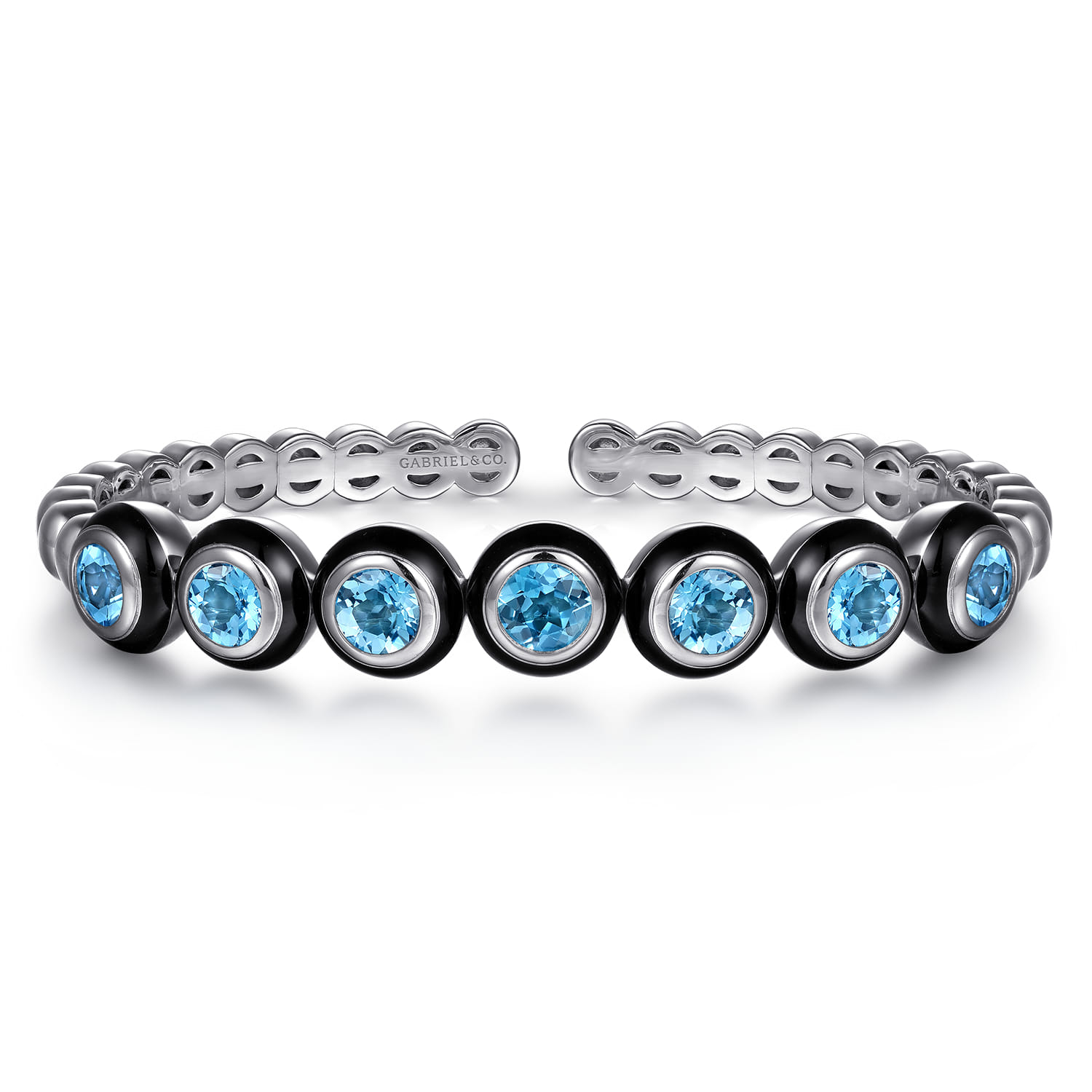 Enamel - 925 Sterling Silver Bujukan and Blue Topaz Open Bangle Bracelet with Black Enamel - Shot 1