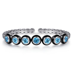 925 Sterling Silver Bujukan and Blue Topaz Open Bangle Bracelet with Black Enamel