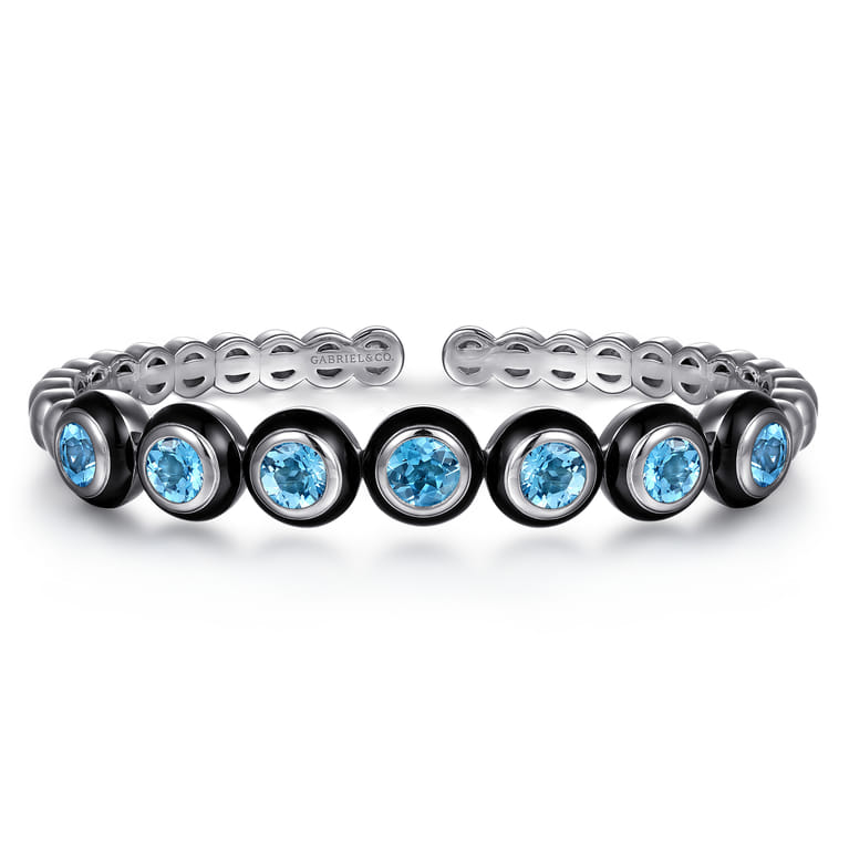 Enamel - 925 Sterling Silver Bujukan and Blue Topaz Open Bangle Bracelet with Black Enamel - Shot 1