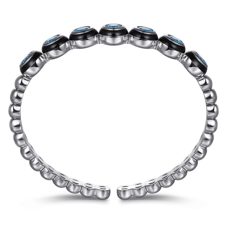 Enamel - 925 Sterling Silver Bujukan and Blue Topaz Open Bangle Bracelet with Black Enamel - Shot 3
