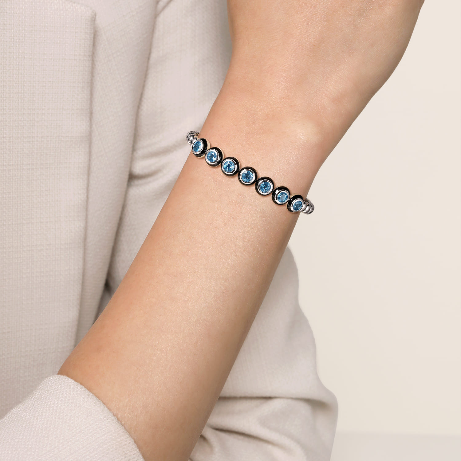 Enamel - 925 Sterling Silver Bujukan and Blue Topaz Open Bangle Bracelet with Black Enamel - Shot 4