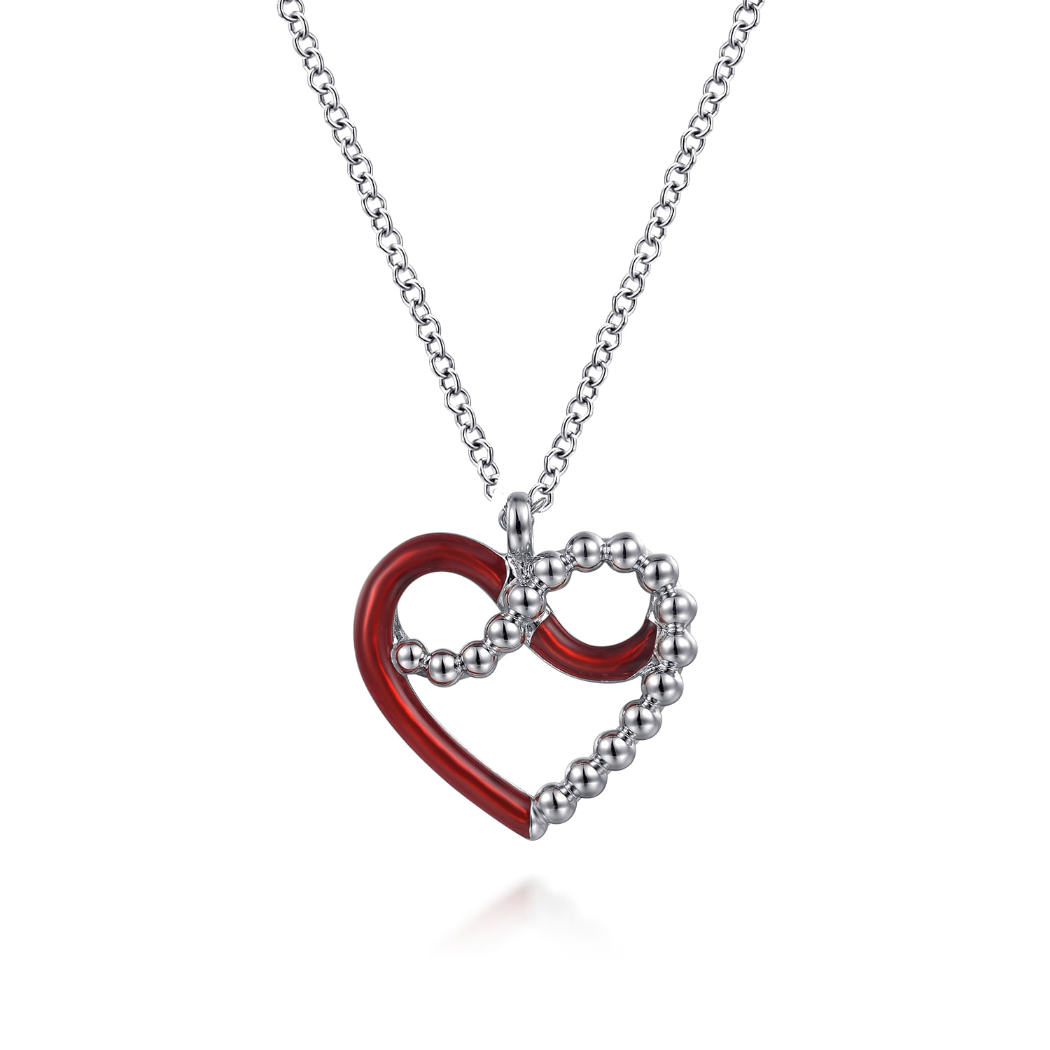 Enamel - 925 Sterling Silver Heart Pendant Necklace with Chrome Red Enamel