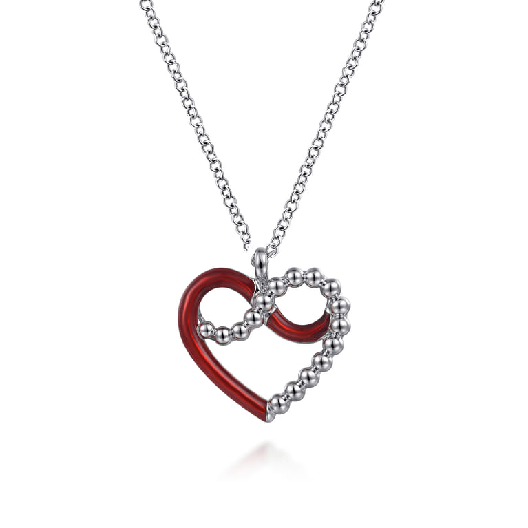 Enamel - 925 Sterling Silver Heart Pendant Necklace with Chrome Red Enamel - Shot 1